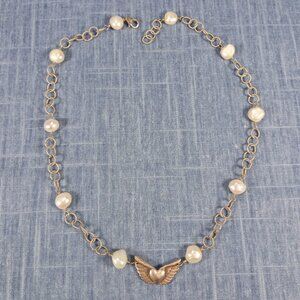 1960s Vintage Necklace with Silver Tone Chain and Fresh Pearls: Winged Pendant
